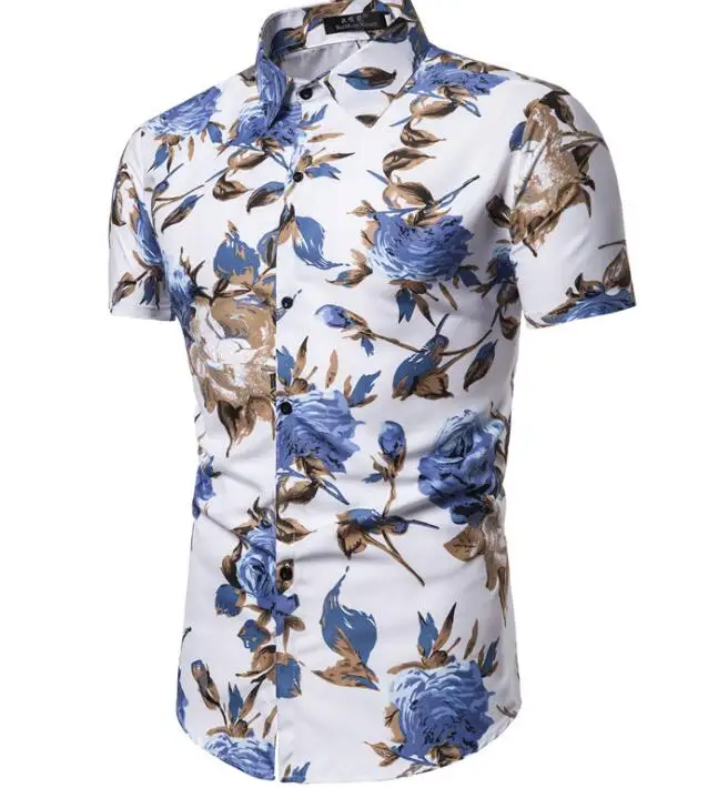 Hot Fashion Rose Floral Printed Short Sleeve Mens Shirts READY STOCK SHIRTS