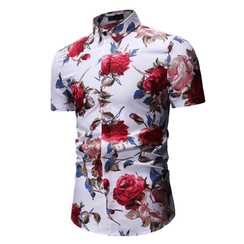 Hot Fashion Rose Floral Printed Short Sleeve Mens Shirts READY STOCK SHIRTS