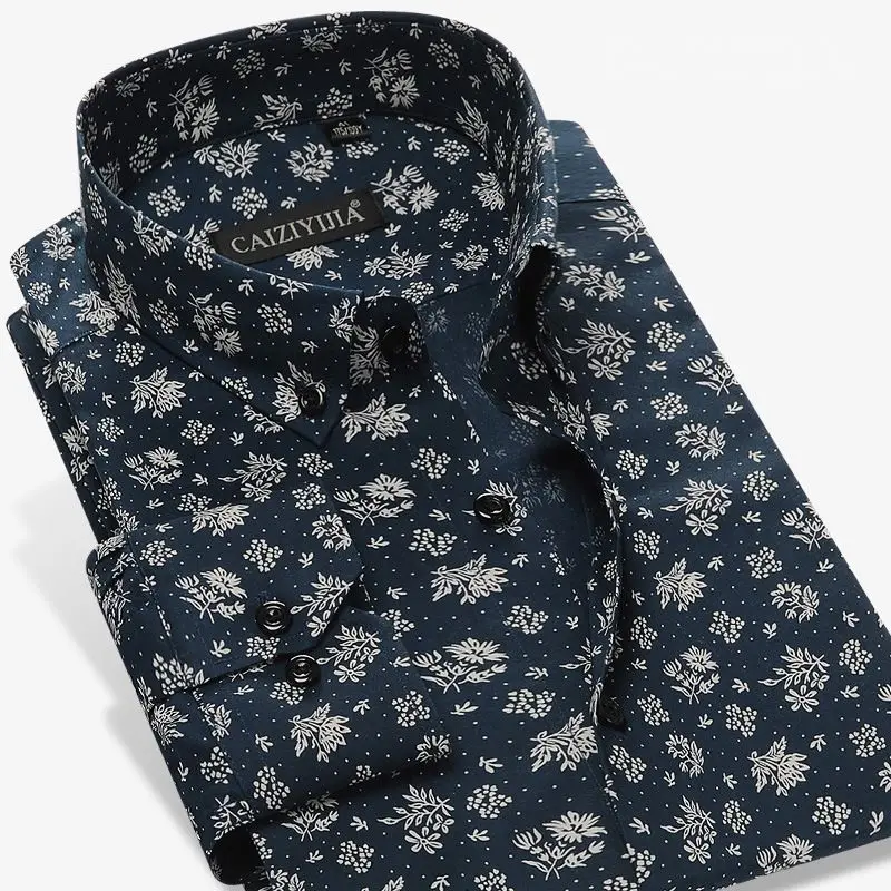 High Grade Pure Cotton Long Sleeve Slim Fit Casual Floral Printed Shirt for Men