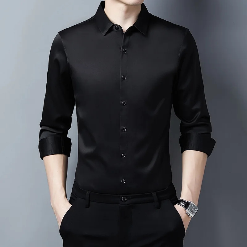 High Grade Korean Style Solid Satin Long Sleeve Slim Fit Dress Formal Shirt for Men