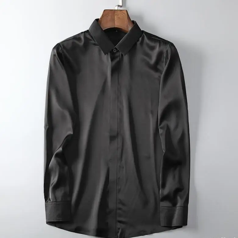 Mens Slim Shirts Satin Silk Shirts for Man Dress Formal Shirts