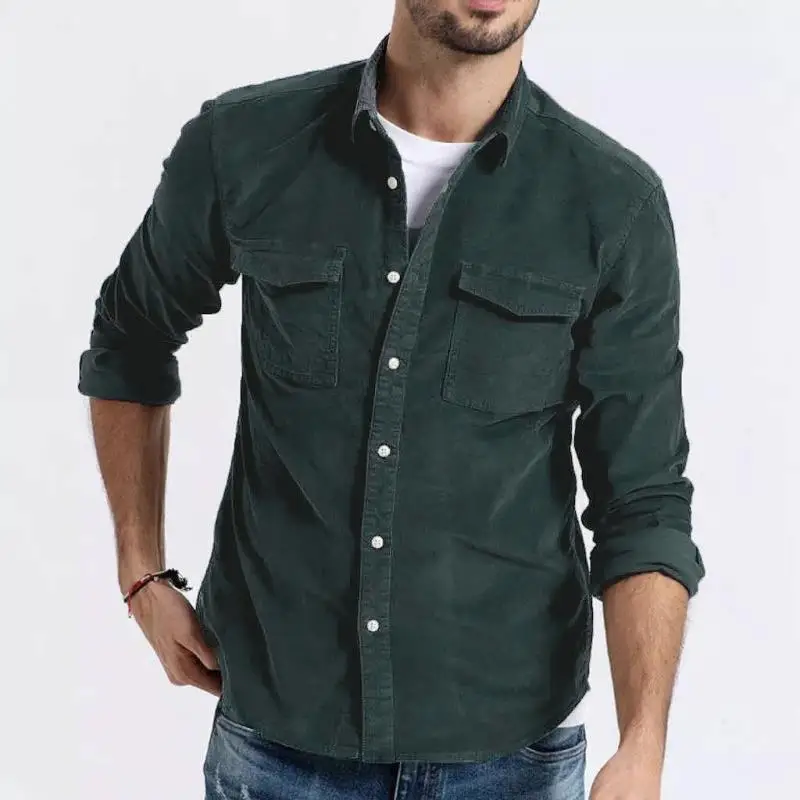 OEM Long Sleeve Two Flaps Pockets Slim Fit Corduroy Shirt for Men