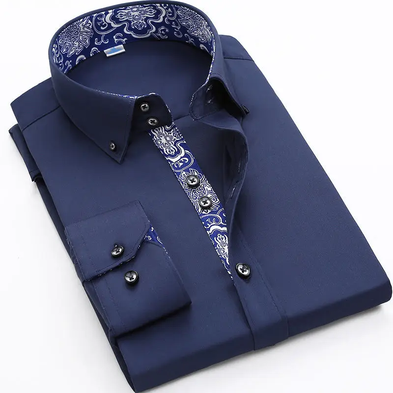 Spring and Autumn Pure Cotton Solid Color Collar and Cuff Contrast Slim Fit Dress Formal Shirt for Men