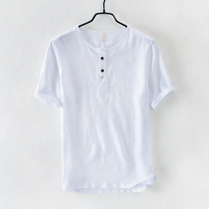 High Grade Solid Color Classic Round Collar Short Sleeve Pure Linen Casual Shirt for Men