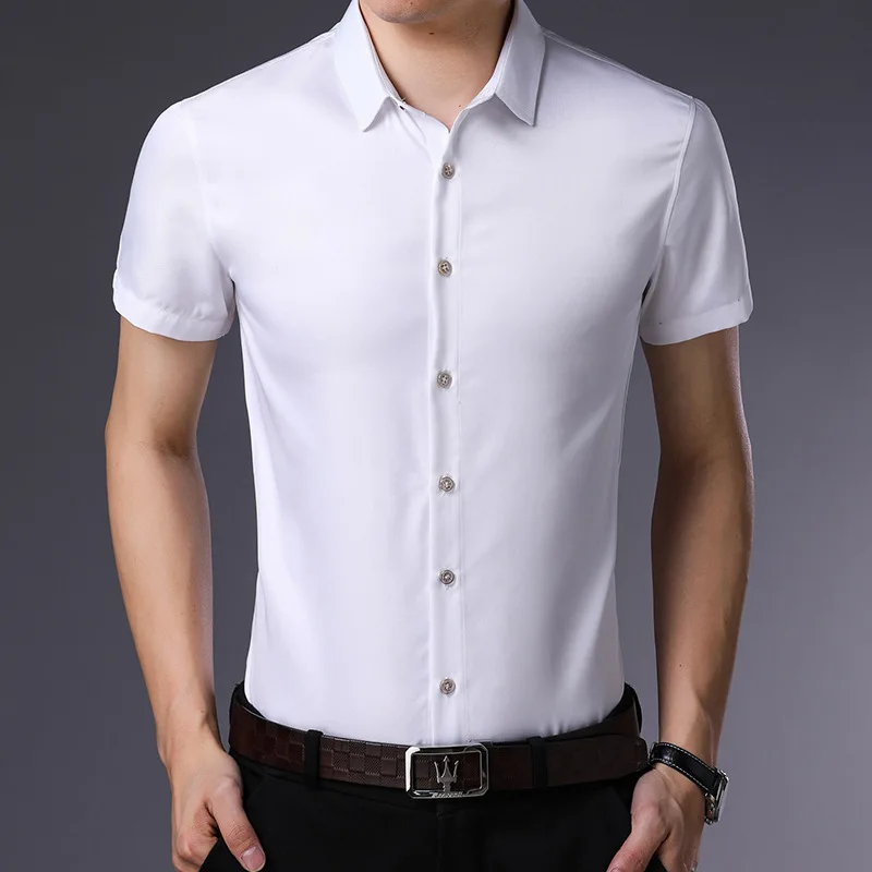 OEM Service Solid Color TC Slim Fit Short Sleeve Dress Formal Shirt for Men