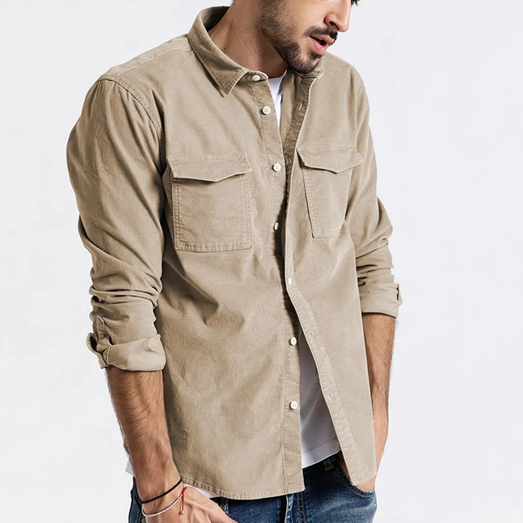 OEM Long Sleeve Two Flaps Pockets Slim Fit Corduroy Shirt for Men