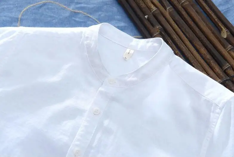 YIWUSHANG Men Short Sleeve Linen Cotton Mandarin Collar Dress Shirts