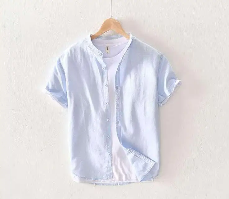 YIWUSHANG Men Short Sleeve Linen Cotton Mandarin Collar Dress Shirts