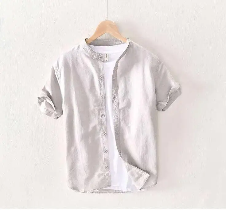YIWUSHANG Men Short Sleeve Linen Cotton Mandarin Collar Dress Shirts