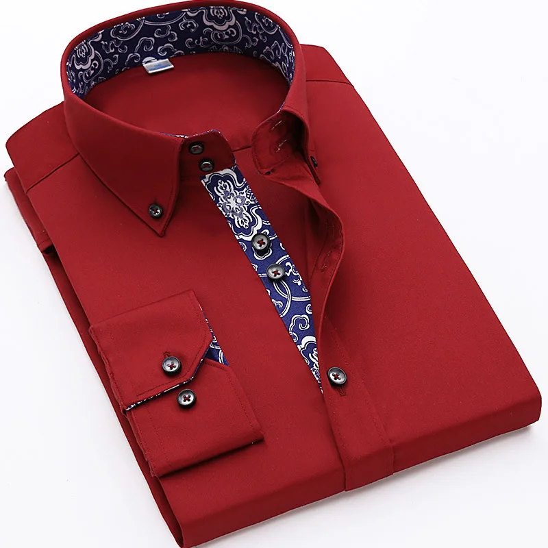 Spring and Autumn Pure Cotton Solid Color Collar and Cuff Contrast Slim Fit Dress Formal Shirt for Men