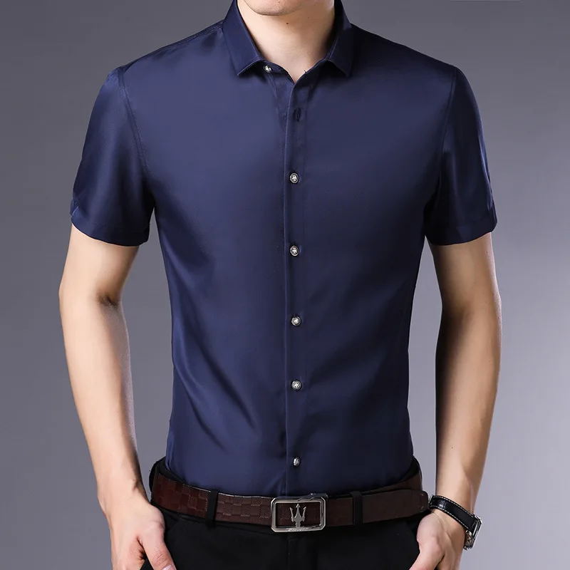 OEM Service Solid Color TC Slim Fit Short Sleeve Dress Formal Shirt for Men
