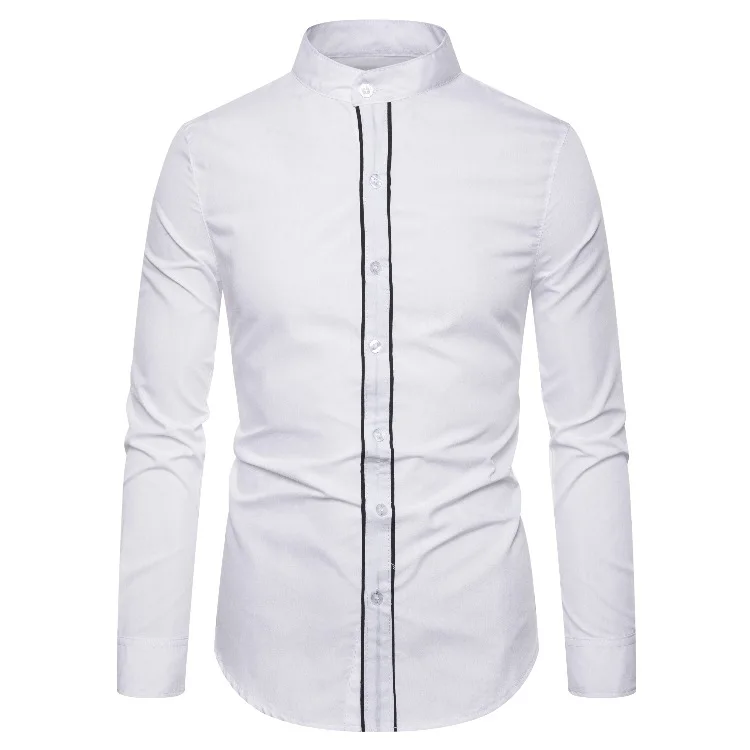 Fashion Mandarin Collar Men Shirt Slim Fit Long Sleeve Banded Collar Solid Dress Shirts for Men