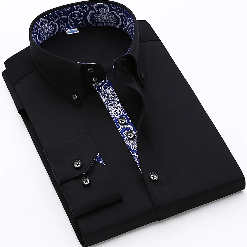 Spring and Autumn Pure Cotton Solid Color Collar and Cuff Contrast Slim Fit Dress Formal Shirt for Men
