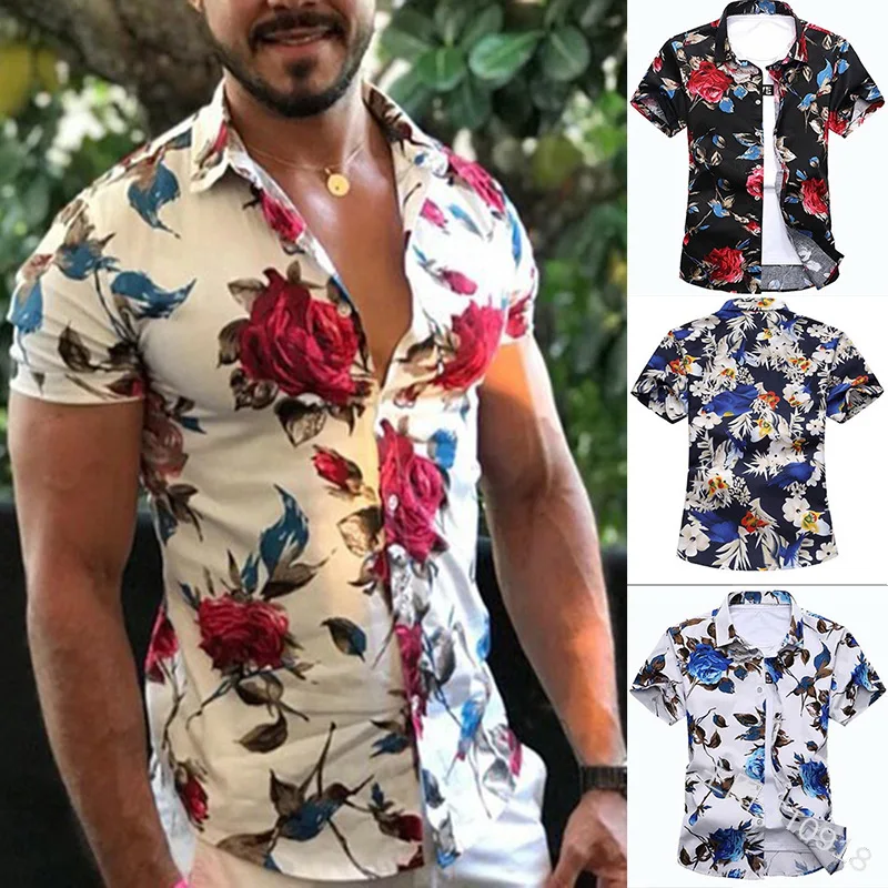 Hot Fashion Rose Floral Printed Short Sleeve Mens Shirts READY STOCK SHIRTS