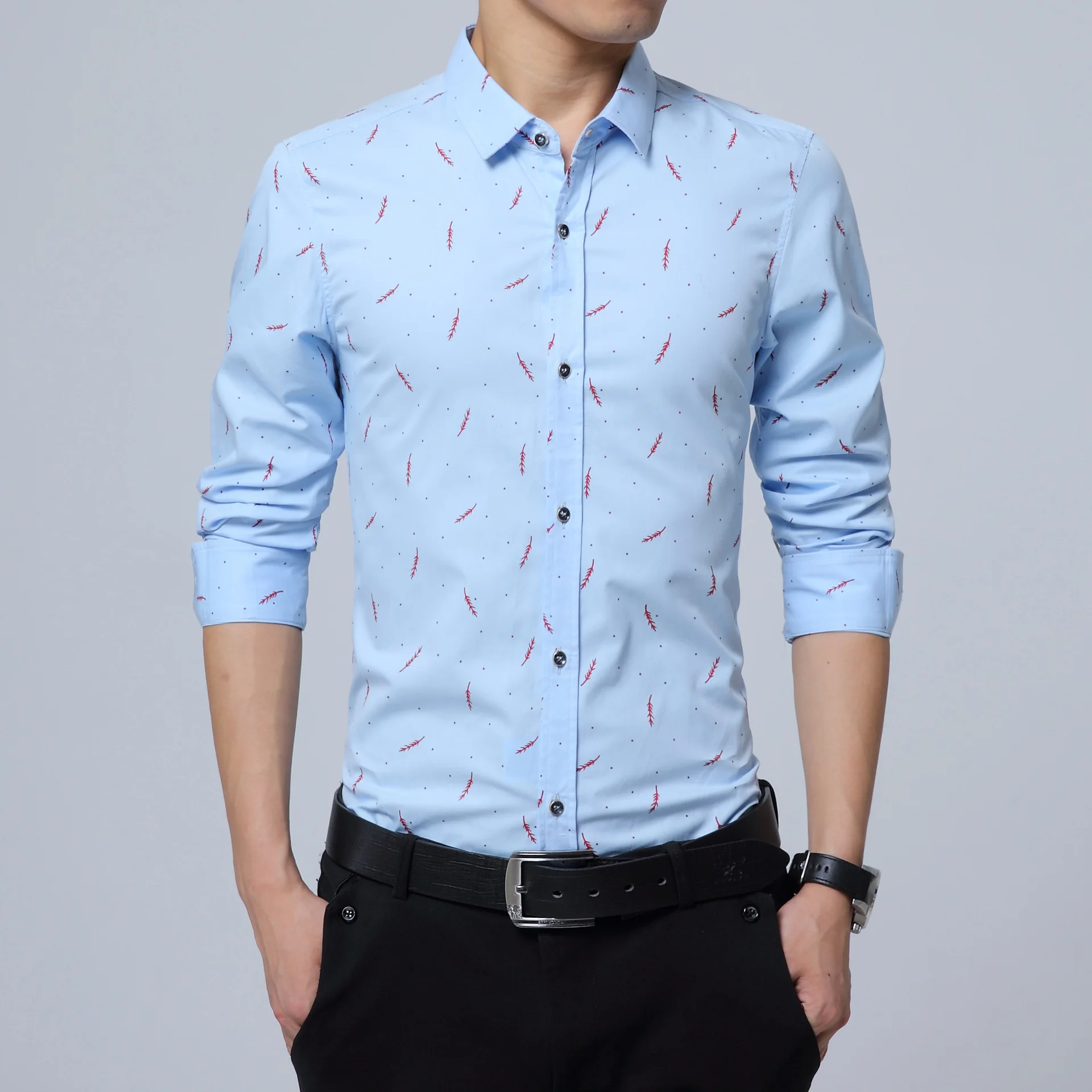 Customized Printed Design Plus Size Casual Long Sleeve Slim Fit Floral Shirt Blouse for Men