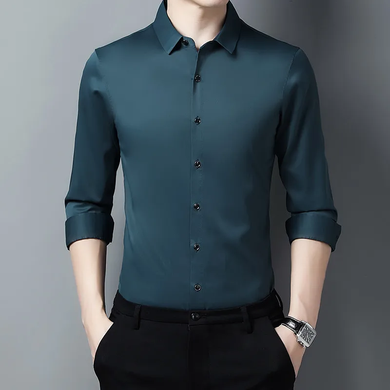 High Grade Korean Style Solid Satin Long Sleeve Slim Fit Dress Formal Shirt for Men