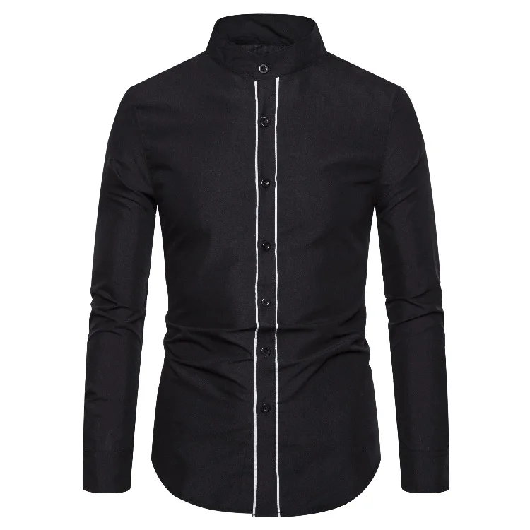Fashion Mandarin Collar Men Shirt Slim Fit Long Sleeve Banded Collar Solid Dress Shirts for Men