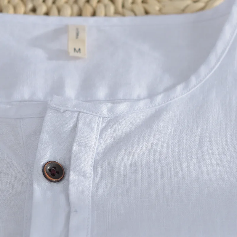 High Grade Solid Color Classic Round Collar Short Sleeve Pure Linen Casual Shirt for Men