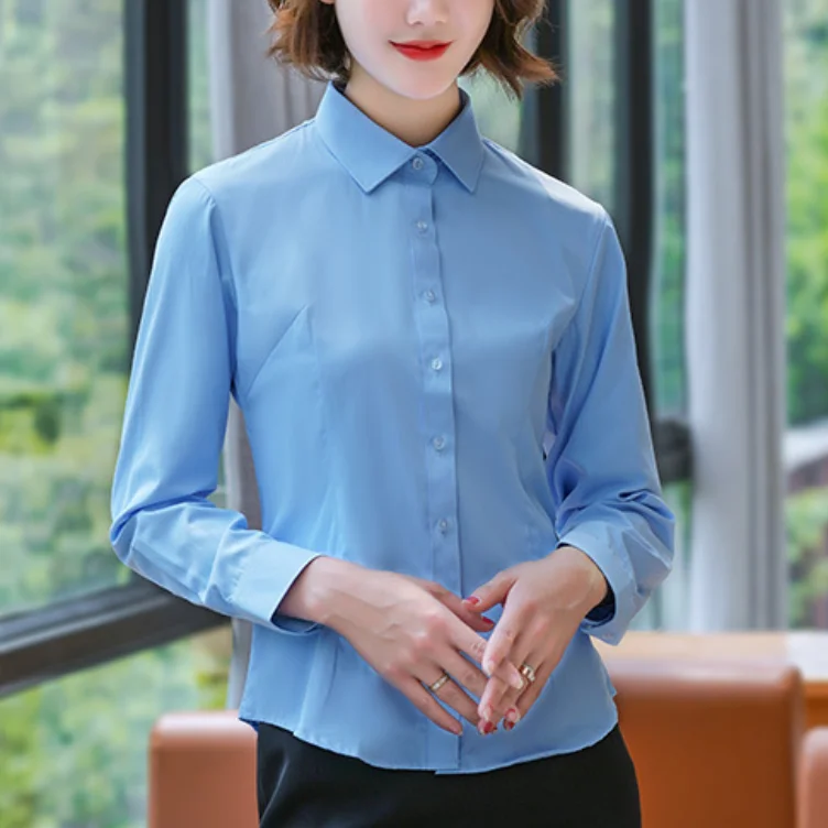 High Grade CVC Long Sleeve V Neck Slim Fit Formal Dress Shirt for Women