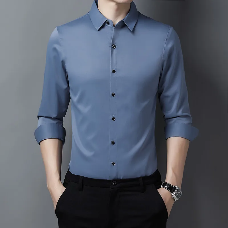High Grade Korean Style Solid Satin Long Sleeve Slim Fit Dress Formal Shirt for Men