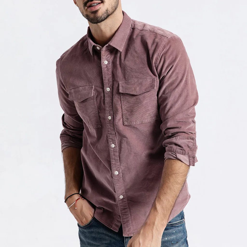 OEM Long Sleeve Two Flaps Pockets Slim Fit Corduroy Shirt for Men