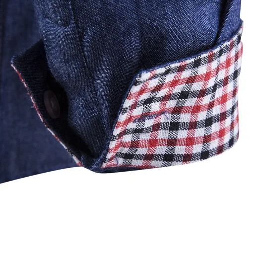 Solid Color Plus Size Denim Shirt Collar and Cuff Contrast Long Sleeve Denim Shirt for Men
