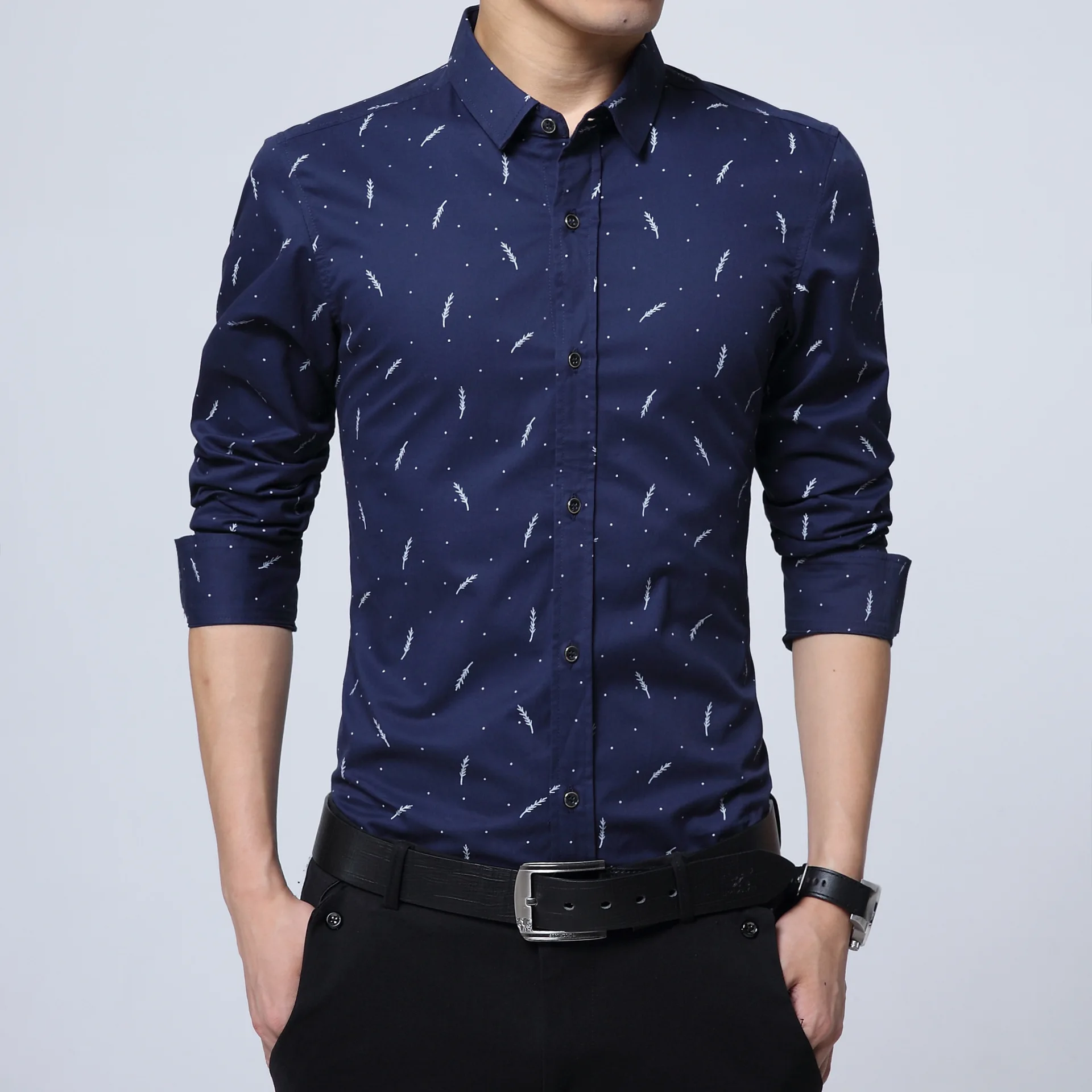 Customized Printed Design Plus Size Casual Long Sleeve Slim Fit Floral Shirt Blouse for Men