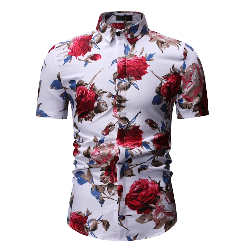 Hot Fashion Rose Floral Printed Short Sleeve Mens Shirts READY STOCK SHIRTS