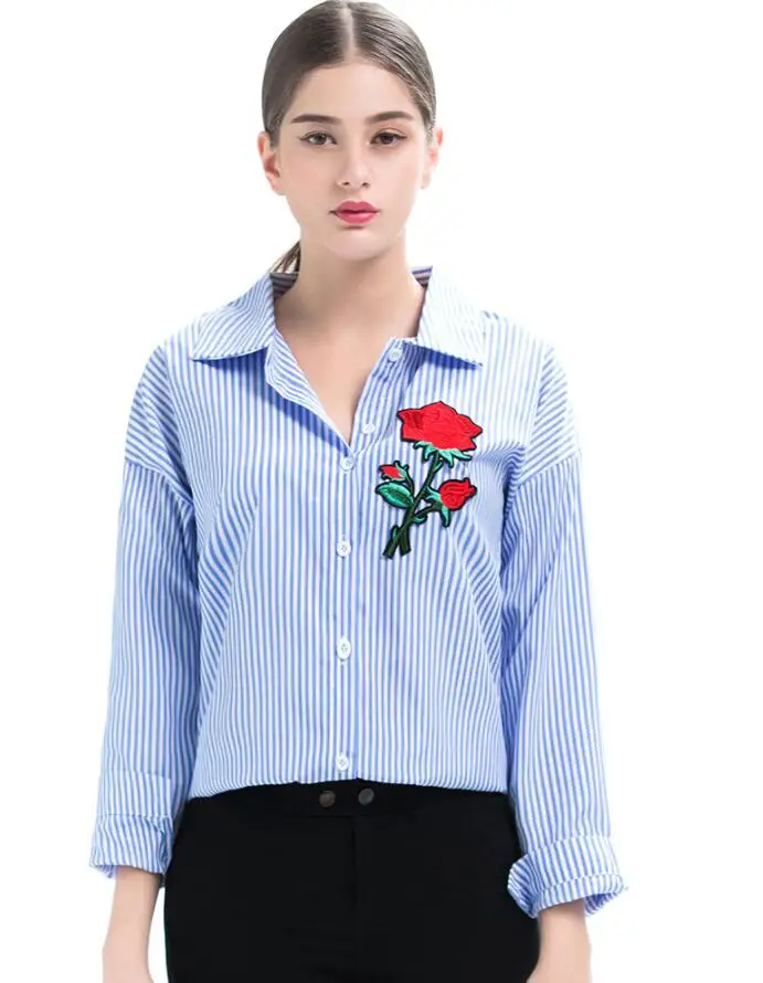 Women's Long Sleeve Striped Shirt High Quality Flower Embroidery Striped Shirt for Women