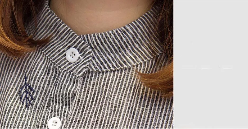 High Quality Long Sleeve Mandarin Collar Casual Striped Shirt With Embroidery for Women