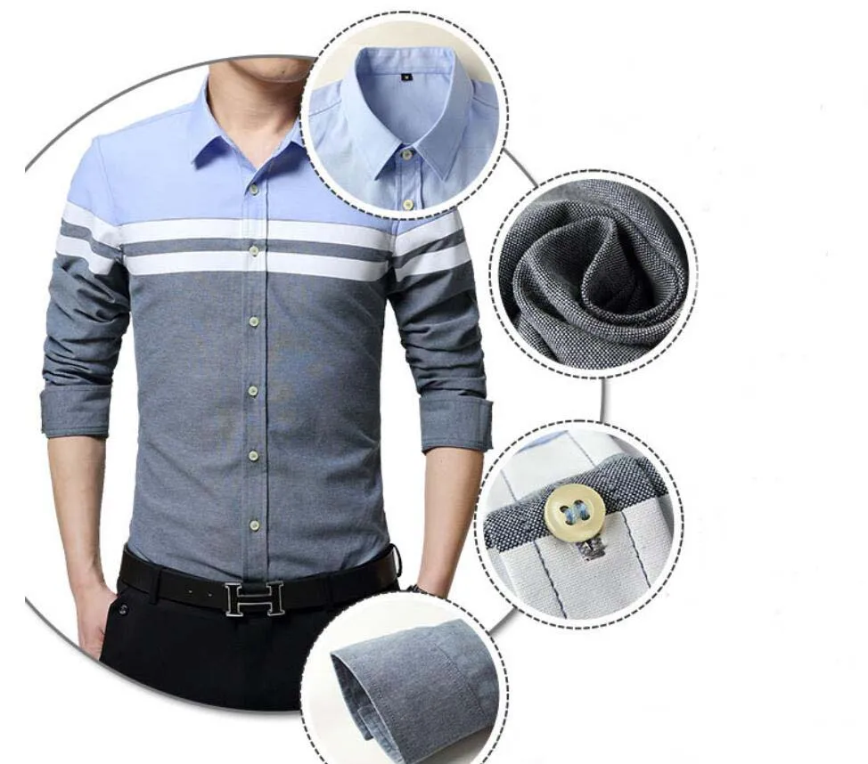 Korean Style Collar Contrast CVC Long Sleeve Slim Fit Fashion Casual Shirts for Men