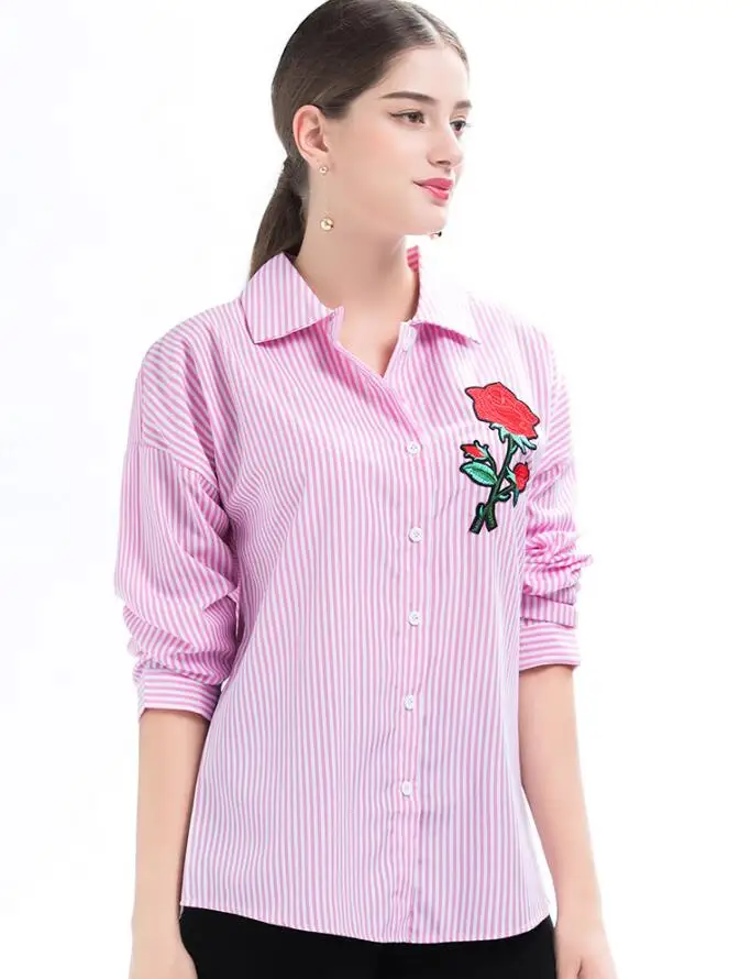 Women's Long Sleeve Striped Shirt High Quality Flower Embroidery Striped Shirt for Women