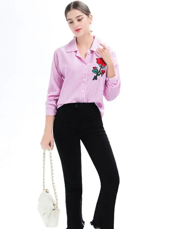 Women's Long Sleeve Striped Shirt High Quality Flower Embroidery Striped Shirt for Women