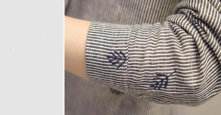 High Quality Long Sleeve Mandarin Collar Casual Striped Shirt With Embroidery for Women