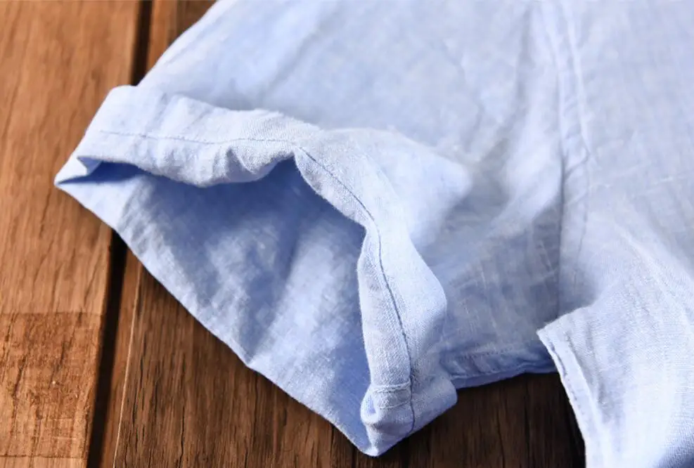 Men's Short Sleeve Mandarin Collar Solid Color Linen Cotton Shirt
