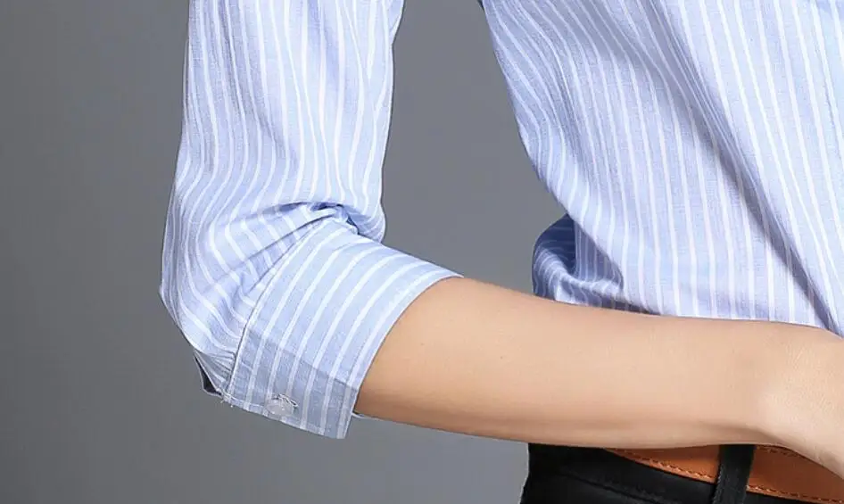 High Quality Elegant Long Sleeve Patch Pocket Embroidery Striped Shirt for Women