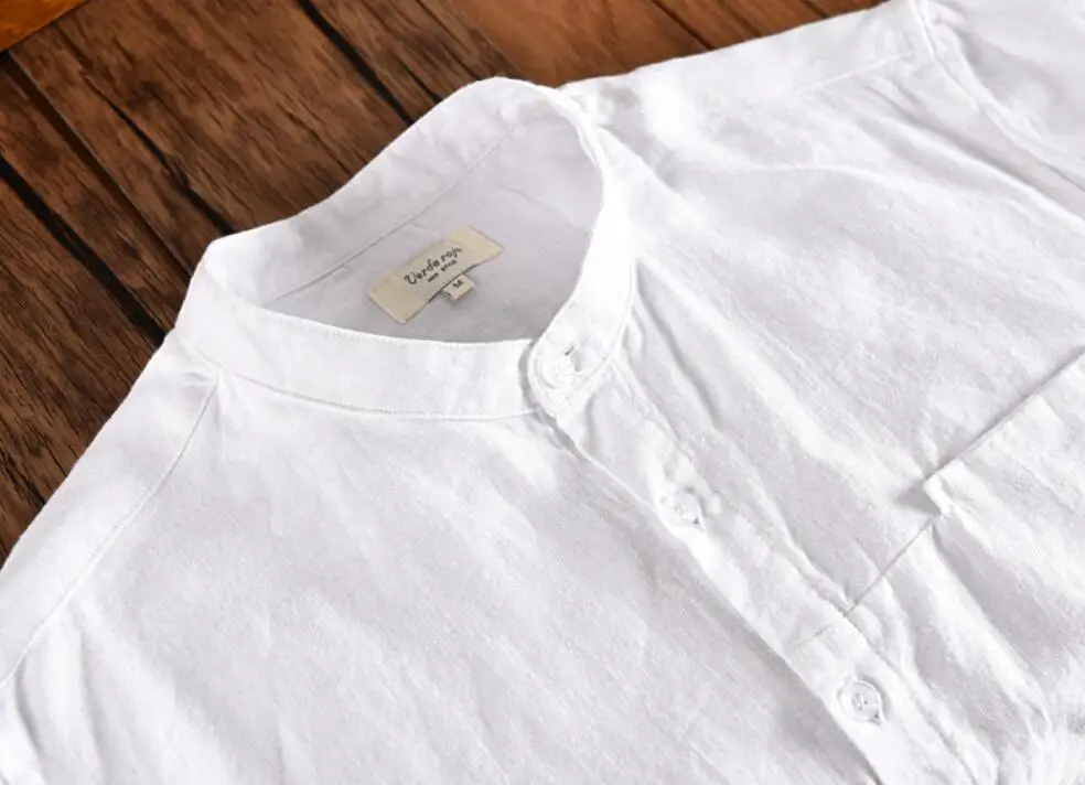Men's Short Sleeve Mandarin Collar Solid Color Linen Cotton Shirt