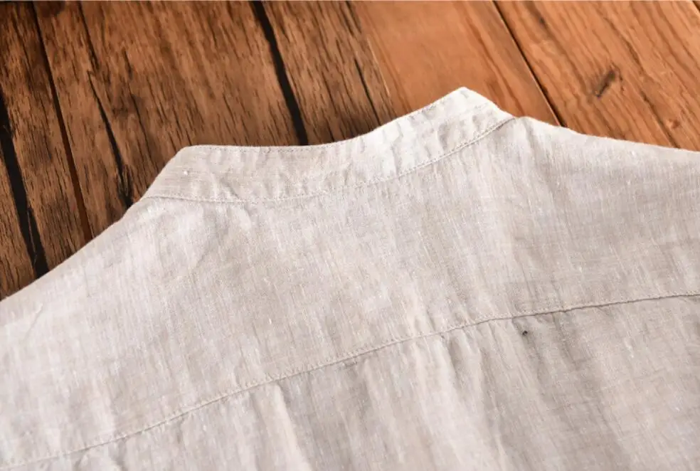 Men's Short Sleeve Mandarin Collar Solid Color Linen Cotton Shirt