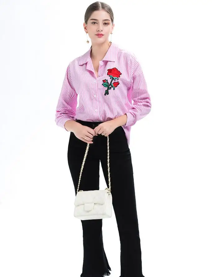 Women's Long Sleeve Striped Shirt High Quality Flower Embroidery Striped Shirt for Women