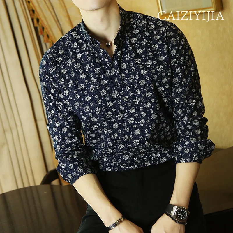 High Grade Pure Cotton Long Sleeve Slim Fit Casual Floral Printed Shirt for Men