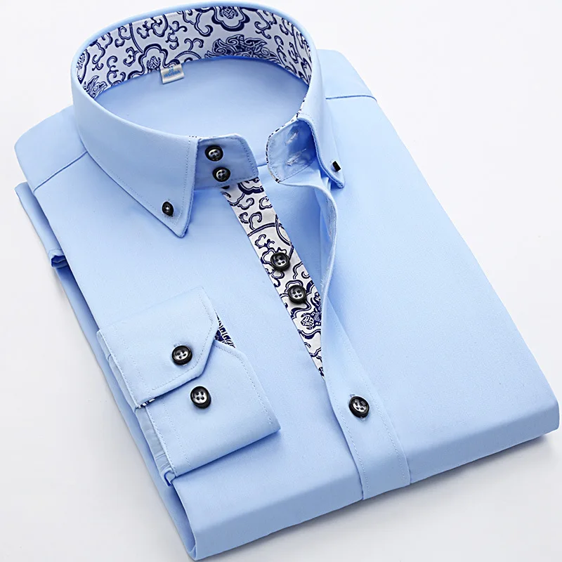 Spring and Autumn Pure Cotton Solid Color Collar and Cuff Contrast Slim Fit Dress Formal Shirt for Men