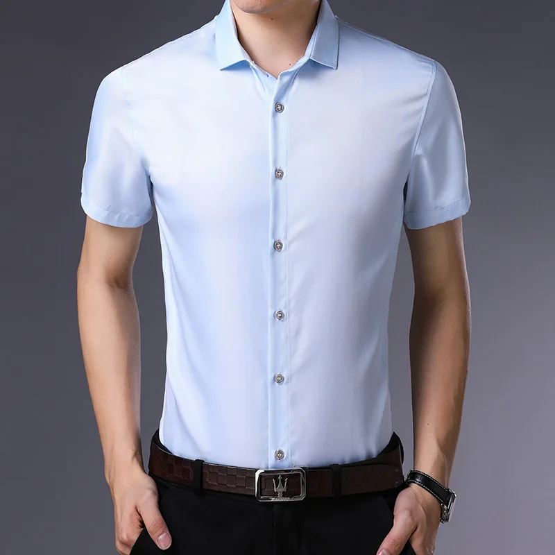 OEM Service Solid Color TC Slim Fit Short Sleeve Dress Formal Shirt for Men