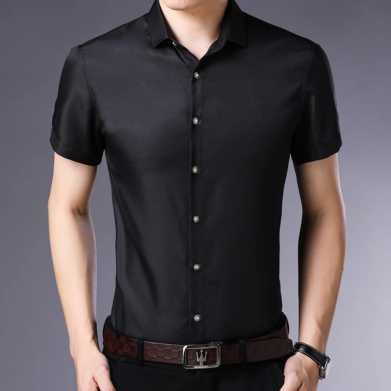 OEM Service Solid Color TC Slim Fit Short Sleeve Dress Formal Shirt for Men