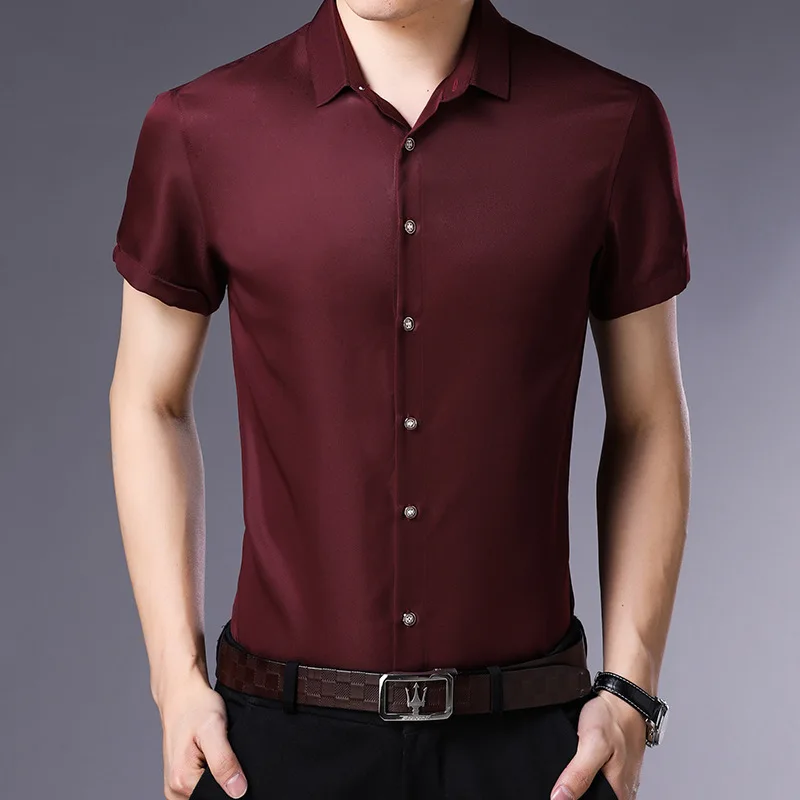 OEM Service Solid Color TC Slim Fit Short Sleeve Dress Formal Shirt for Men