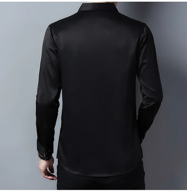 High Grade Korean Style Solid Satin Long Sleeve Slim Fit Dress Formal Shirt for Men