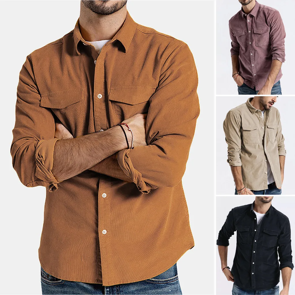 OEM Long Sleeve Two Flaps Pockets Slim Fit Corduroy Shirt for Men