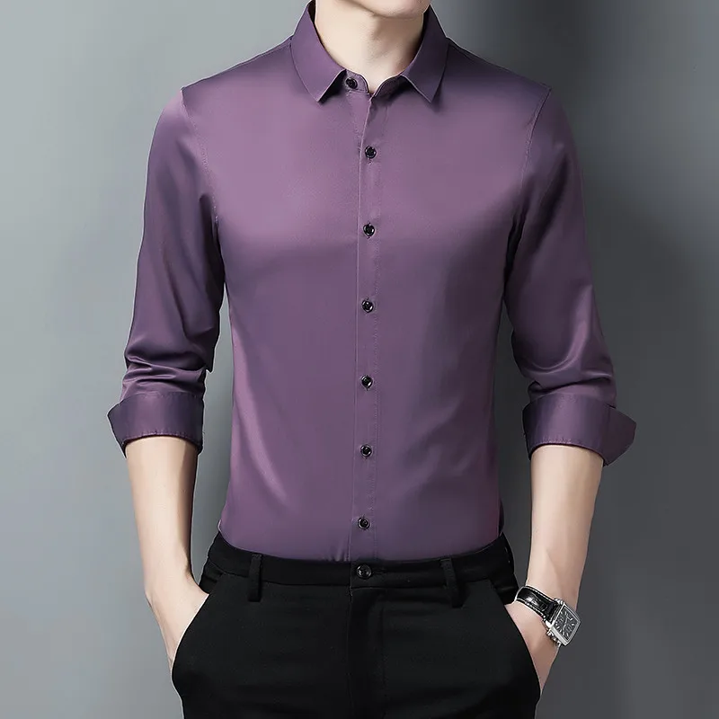 High Grade Korean Style Solid Satin Long Sleeve Slim Fit Dress Formal Shirt for Men