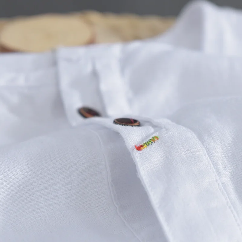 High Grade Solid Color Classic Round Collar Short Sleeve Pure Linen Casual Shirt for Men