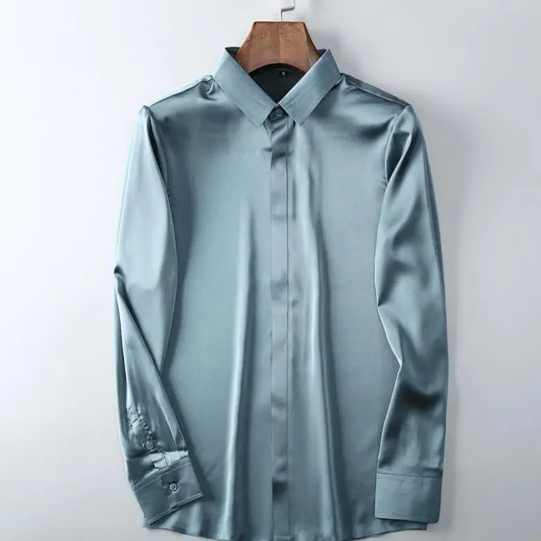 Mens Slim Shirts Satin Silk Shirts for Man Dress Formal Shirts