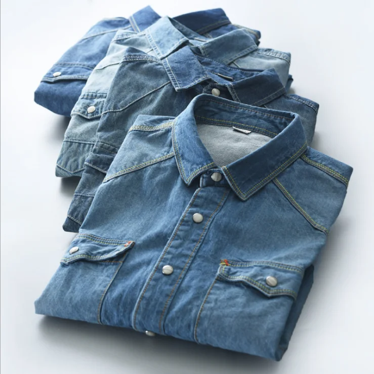 Latest Young Mens Two Pockets With Flaps Slim Fit Long Sleeve Washed Denim Jeans Shirt